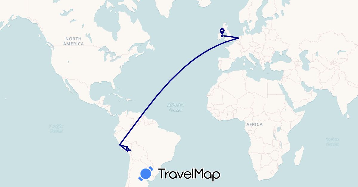 TravelMap itinerary: driving in Ireland, Netherlands, Peru (Europe, South America)